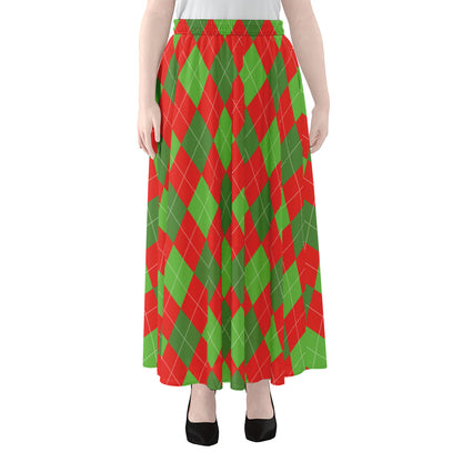 Green And Red Argyle Pattern Print Chiffon Maxi Skirt