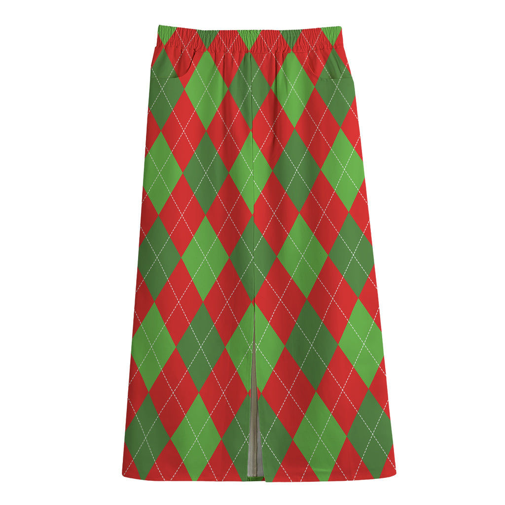 Green And Red Argyle Pattern Print Cotton Front Slit Maxi Skirt