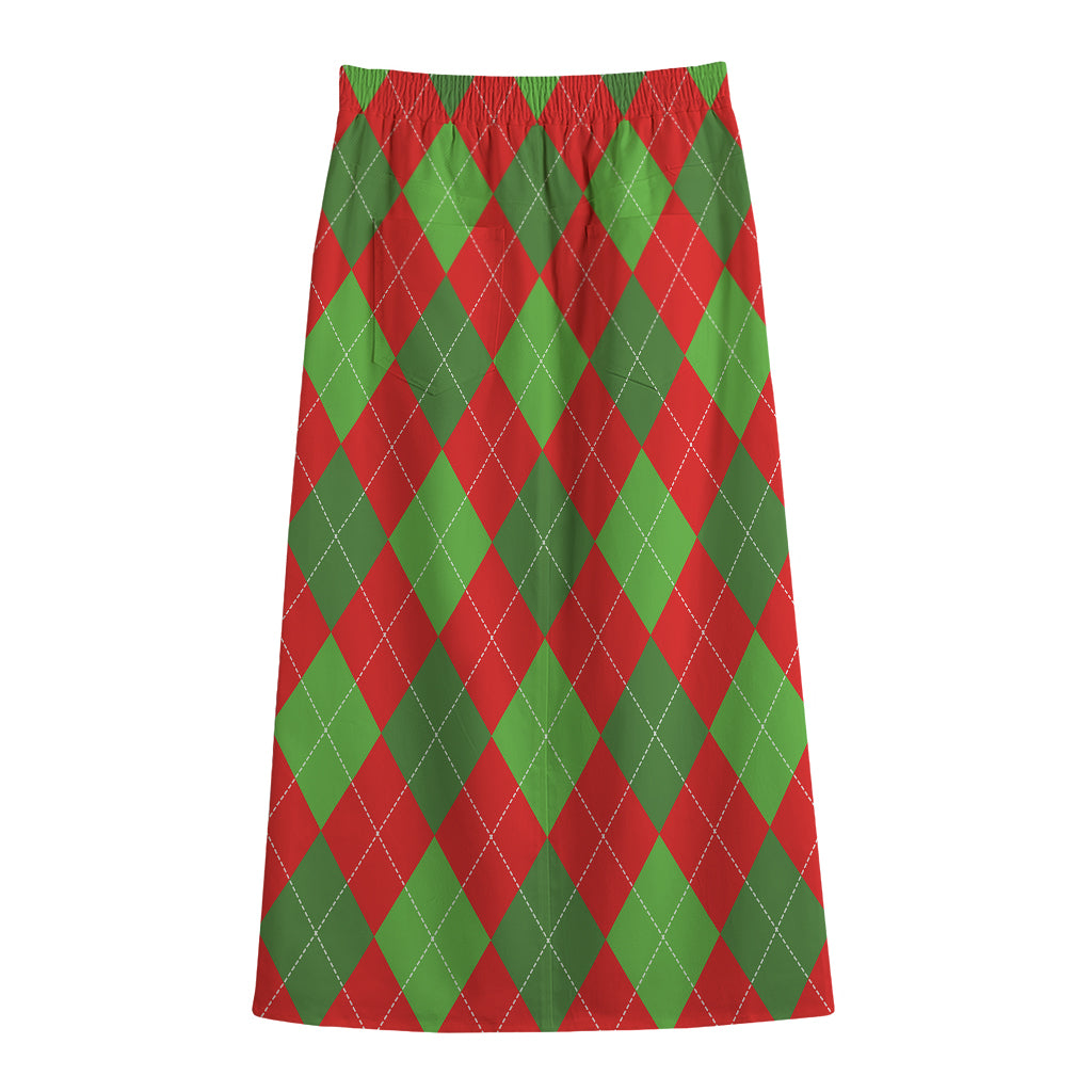 Green And Red Argyle Pattern Print Cotton Front Slit Maxi Skirt