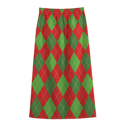Green And Red Argyle Pattern Print Cotton Front Slit Maxi Skirt