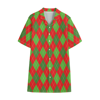 Green And Red Argyle Pattern Print Cotton Hawaiian Shirt