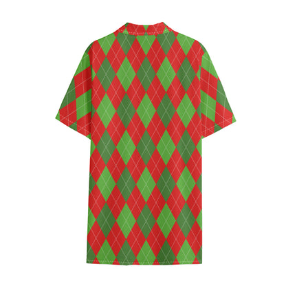 Green And Red Argyle Pattern Print Cotton Hawaiian Shirt