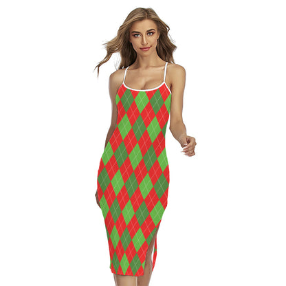 Green And Red Argyle Pattern Print Cross Back Cami Dress