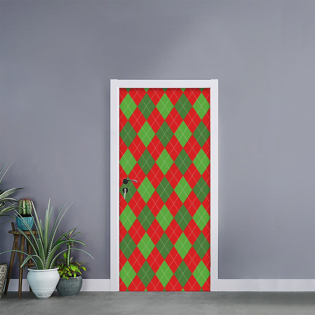 Green And Red Argyle Pattern Print Door Sticker