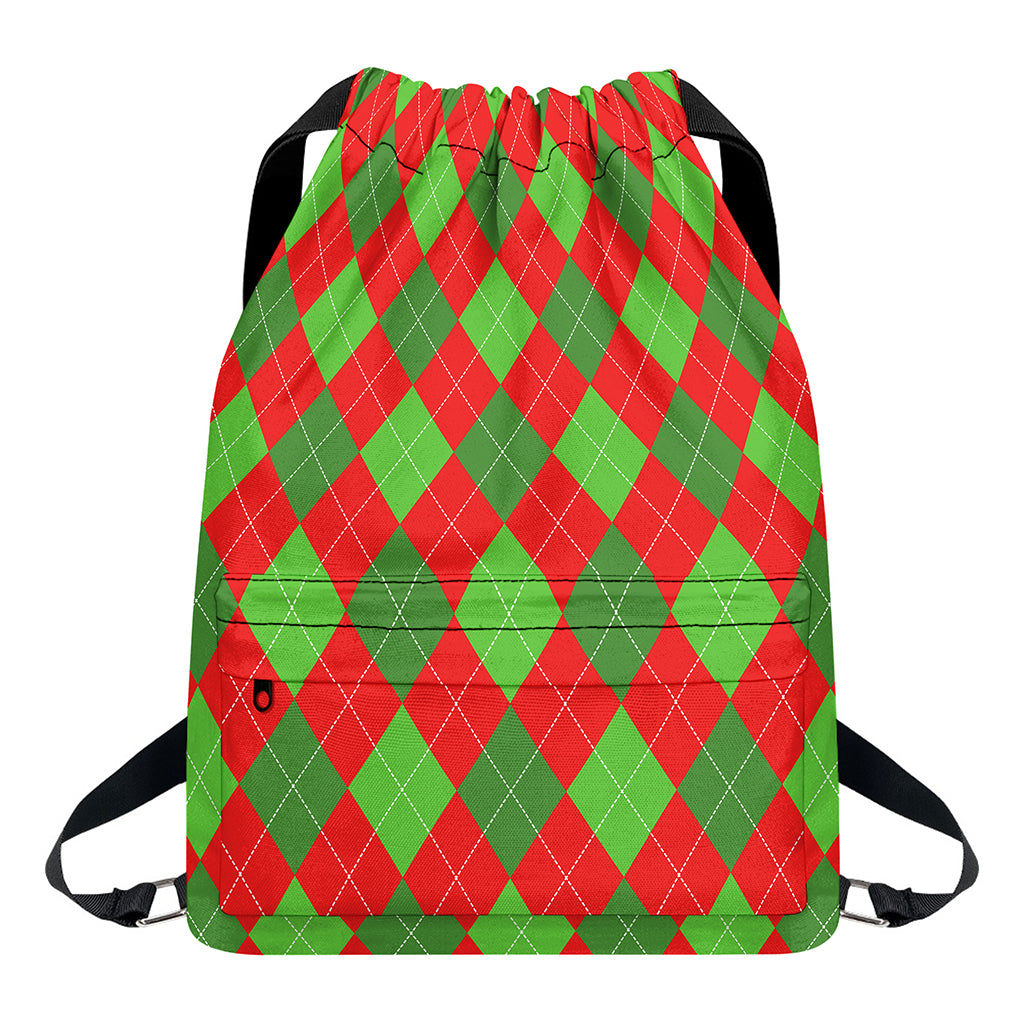 Green And Red Argyle Pattern Print Drawstring Backpack
