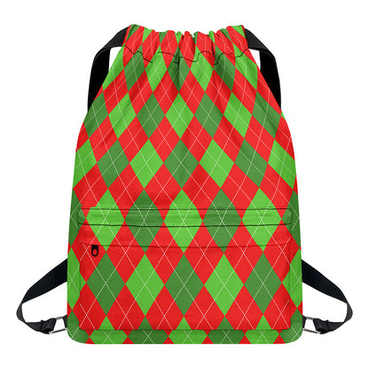 Green And Red Argyle Pattern Print Drawstring Backpack