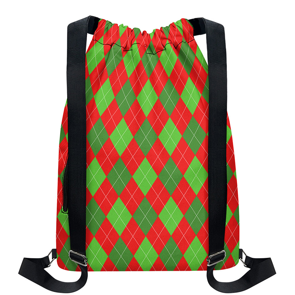 Green And Red Argyle Pattern Print Drawstring Backpack