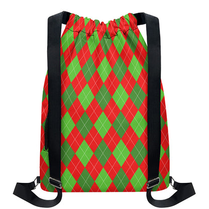 Green And Red Argyle Pattern Print Drawstring Backpack