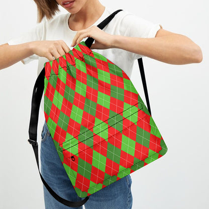 Green And Red Argyle Pattern Print Drawstring Backpack