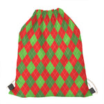 Green And Red Argyle Pattern Print Drawstring Bag