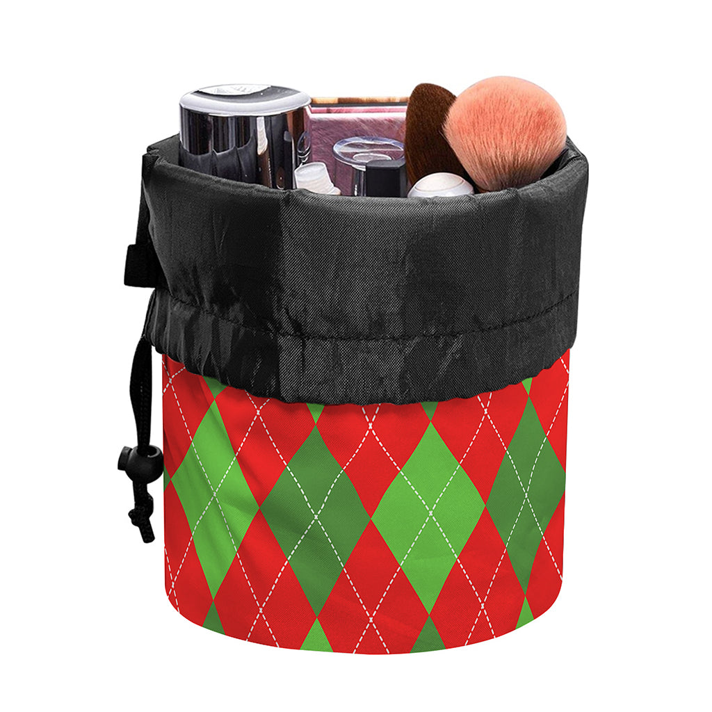 Green And Red Argyle Pattern Print Drawstring Makeup Bag