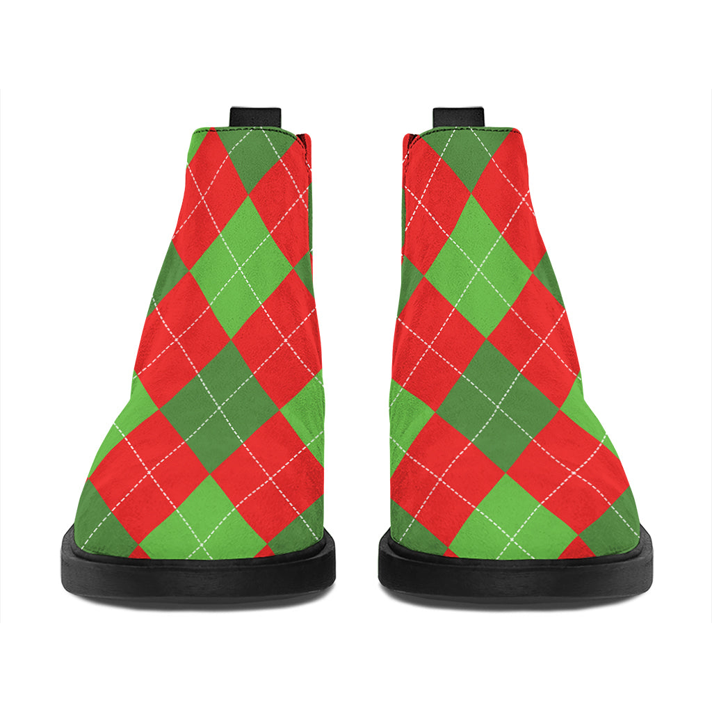 Green And Red Argyle Pattern Print Flat Ankle Boots