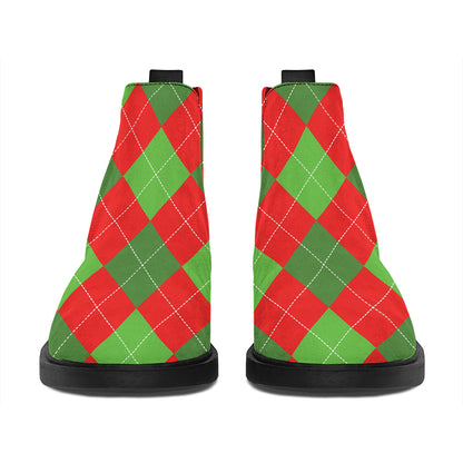 Green And Red Argyle Pattern Print Flat Ankle Boots