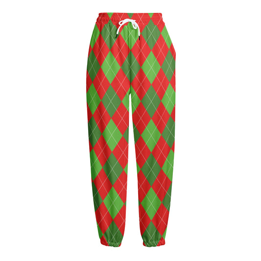 Green And Red Argyle Pattern Print Fleece Lined Knit Pants