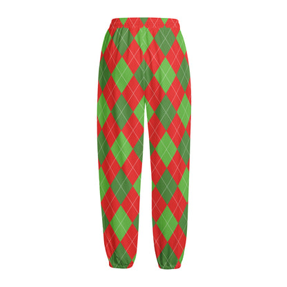 Green And Red Argyle Pattern Print Fleece Lined Knit Pants