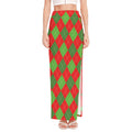 Green And Red Argyle Pattern Print High Slit Maxi Skirt