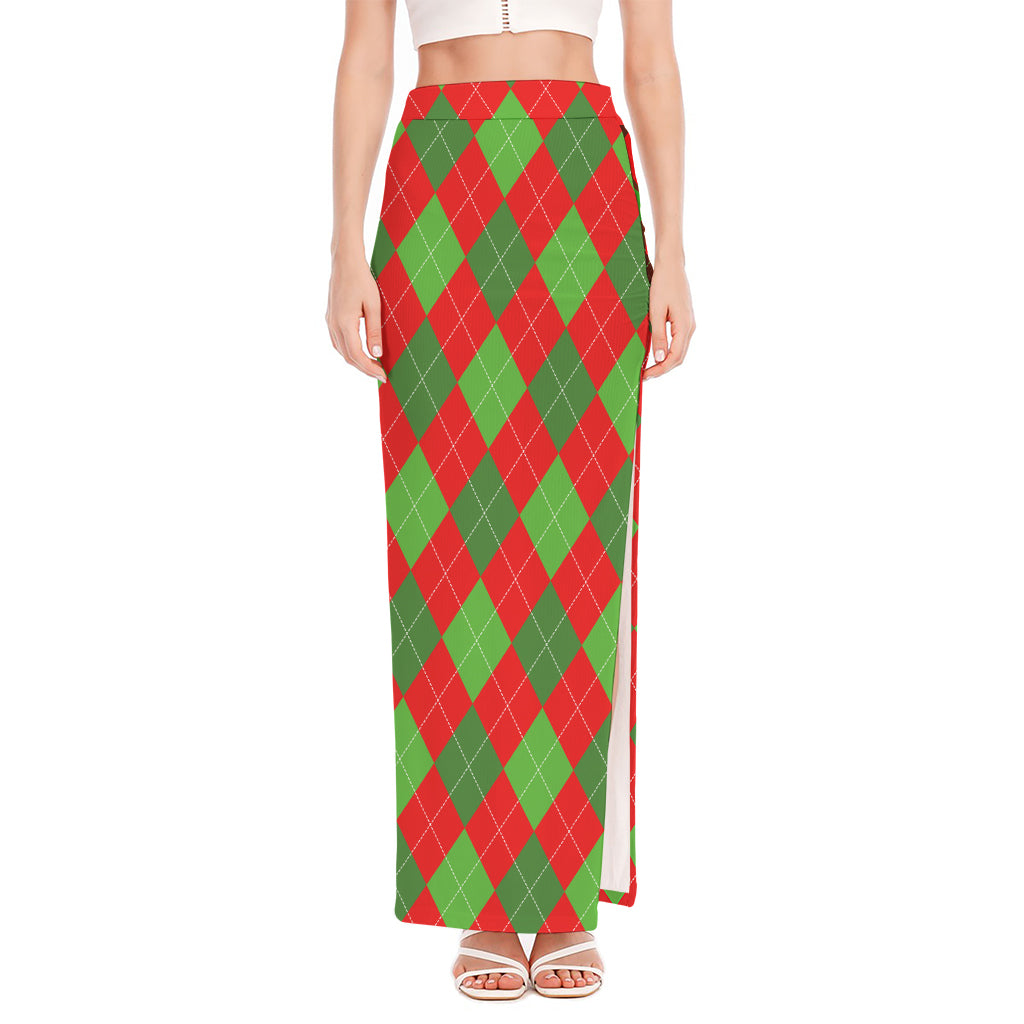 Green And Red Argyle Pattern Print High Slit Maxi Skirt