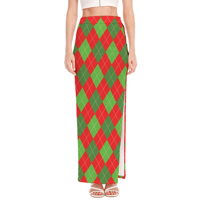 Green And Red Argyle Pattern Print High Slit Maxi Skirt