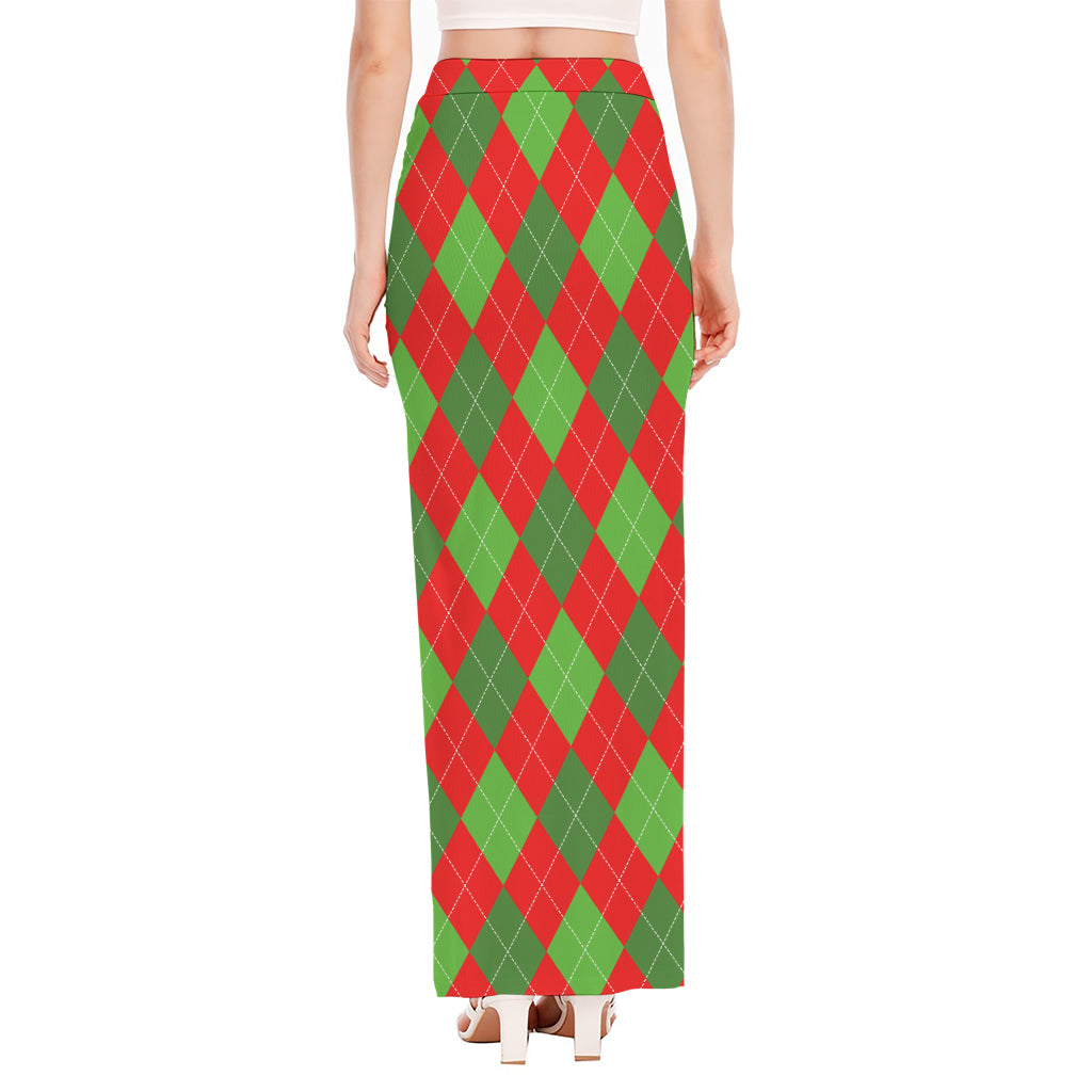 Green And Red Argyle Pattern Print High Slit Maxi Skirt