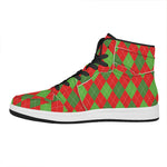 Green And Red Argyle Pattern Print High Top Leather Sneakers