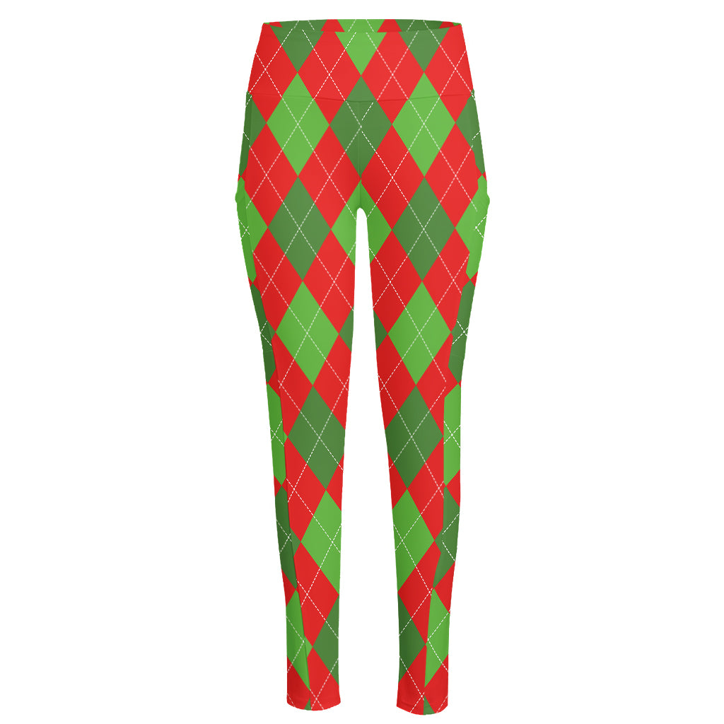 Green And Red Argyle Pattern Print High-Waisted Pocket Leggings