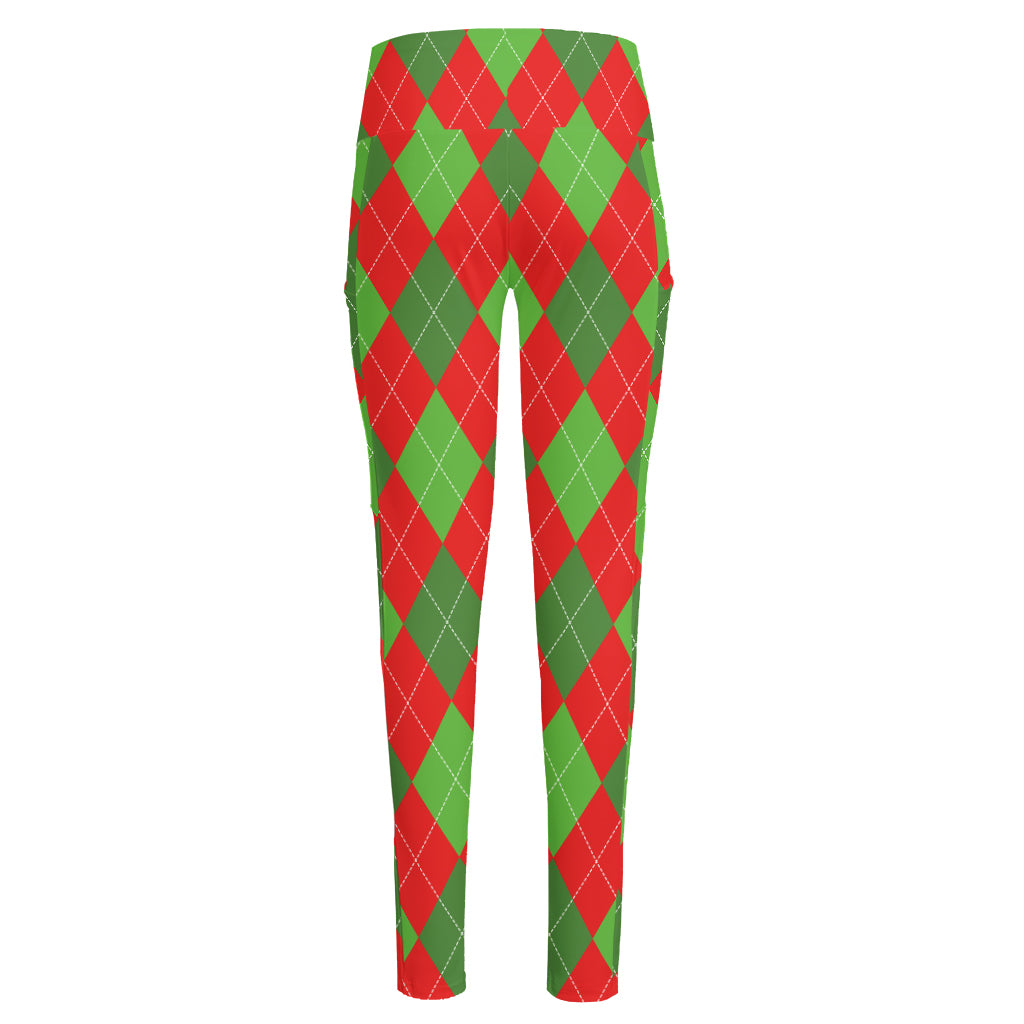 Green And Red Argyle Pattern Print High-Waisted Pocket Leggings