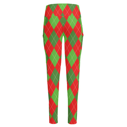 Green And Red Argyle Pattern Print High-Waisted Pocket Leggings