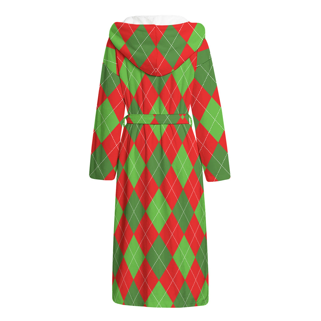 Green And Red Argyle Pattern Print Hooded Bathrobe