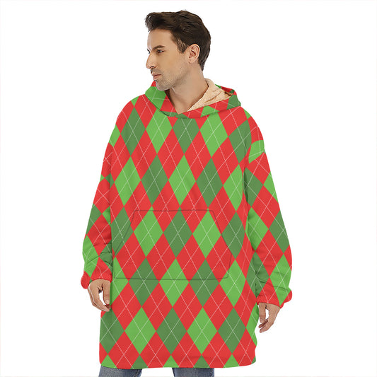 Green And Red Argyle Pattern Print Hoodie Blanket