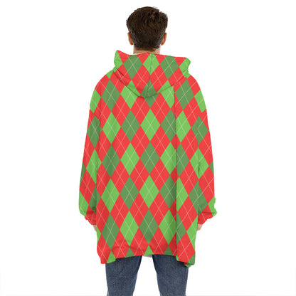 Green And Red Argyle Pattern Print Hoodie Blanket