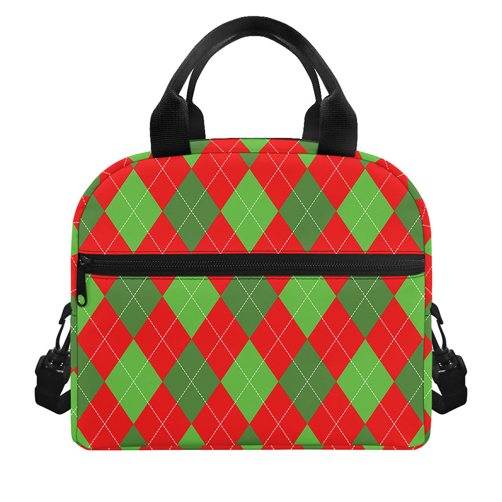 Green And Red Argyle Pattern Print Insulated Lunch Bag