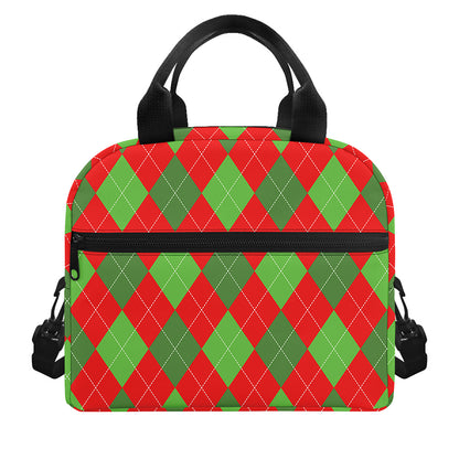 Green And Red Argyle Pattern Print Insulated Lunch Bag