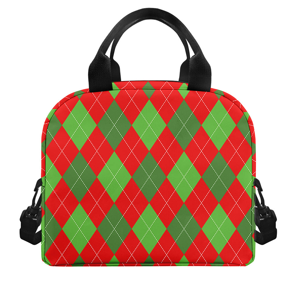 Green And Red Argyle Pattern Print Insulated Lunch Bag