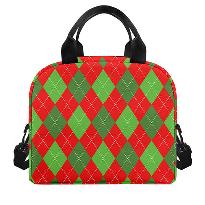Green And Red Argyle Pattern Print Insulated Lunch Bag