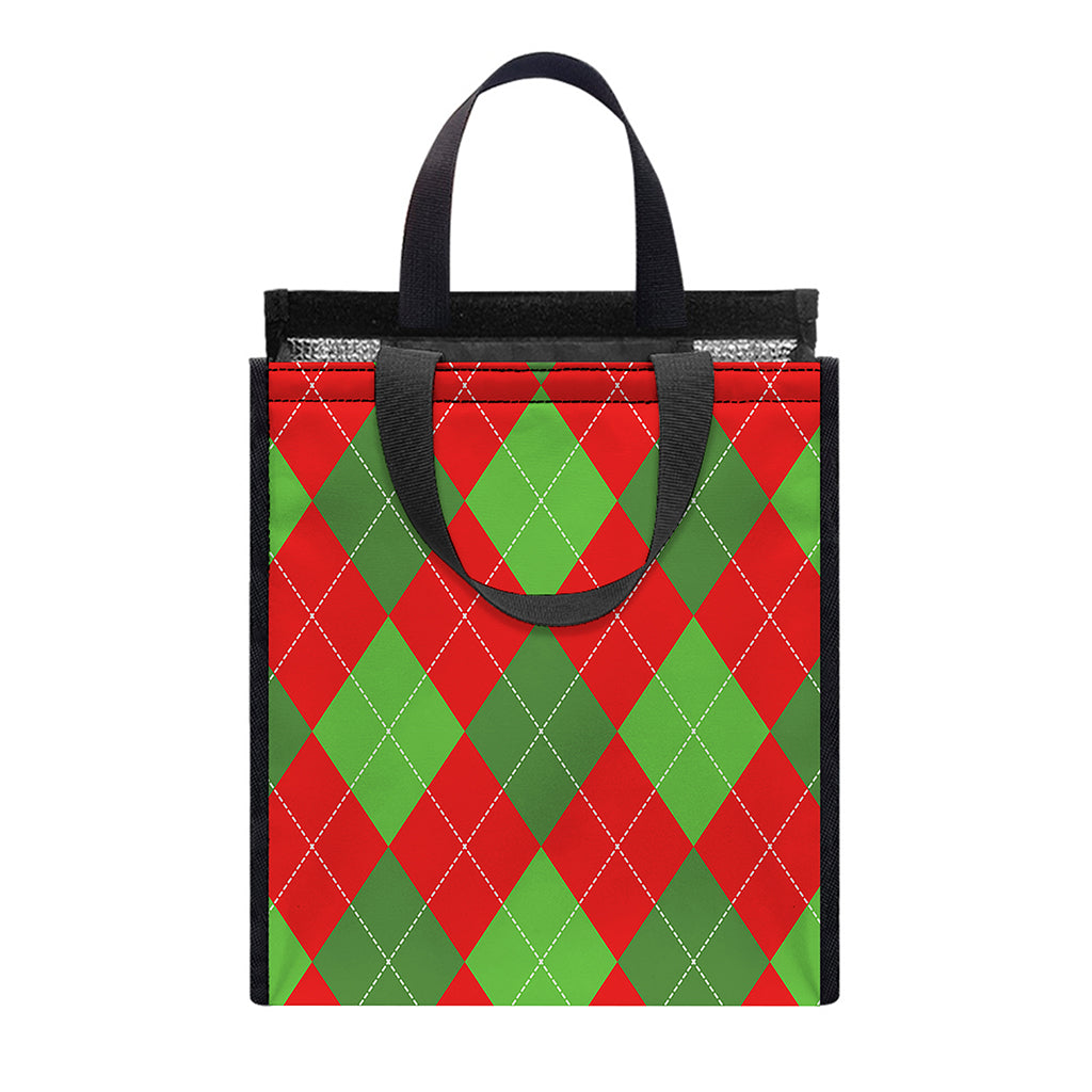 Green And Red Argyle Pattern Print Insulated Lunch Tote