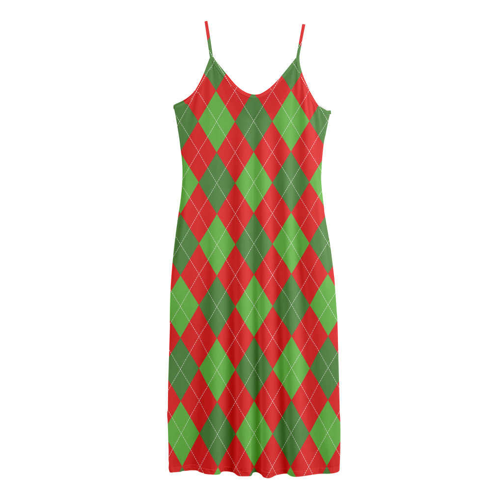 Green And Red Argyle Pattern Print Jersey Midi Cami Dress