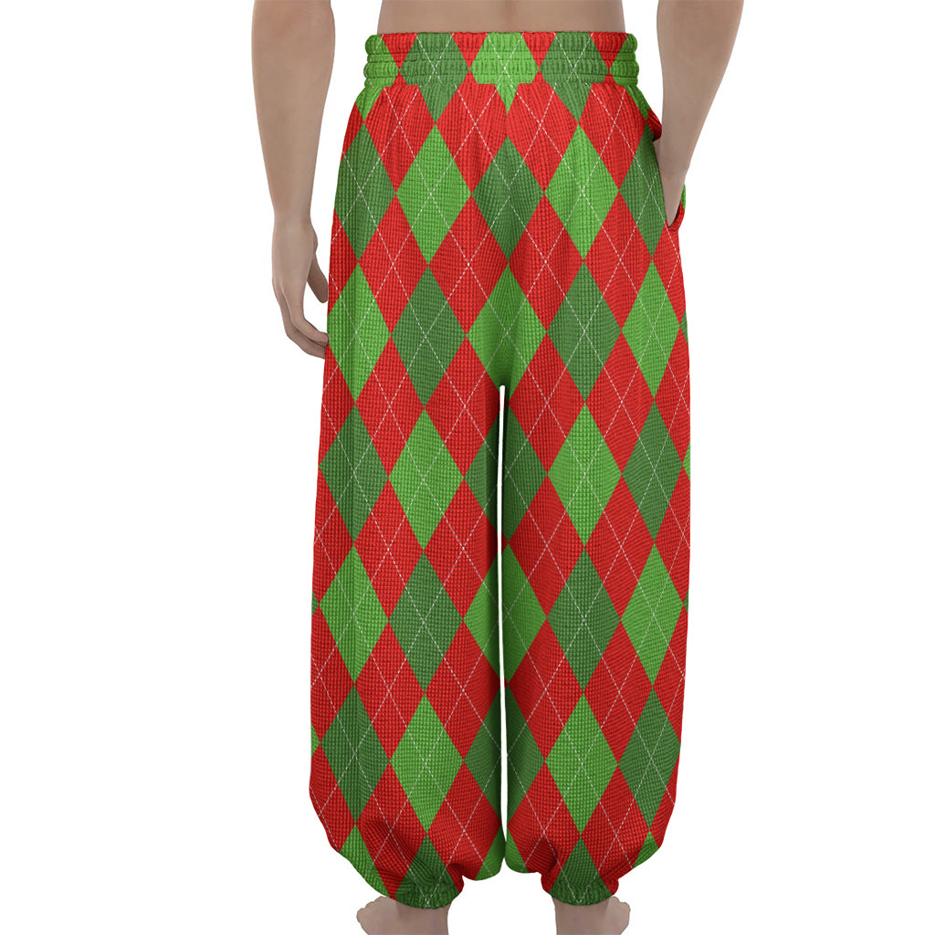 Green And Red Argyle Pattern Print Lantern Pants