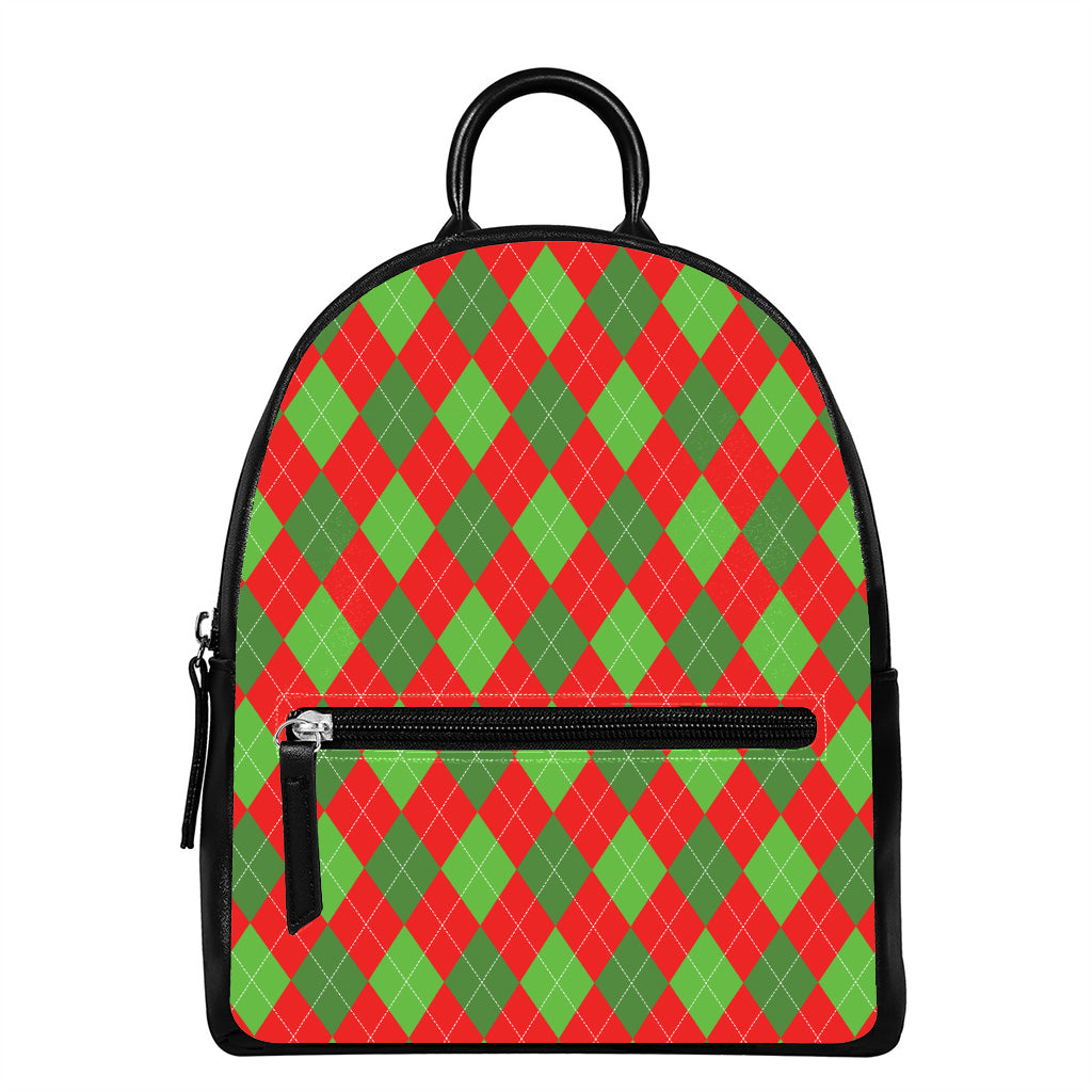 Green And Red Argyle Pattern Print Leather Backpack