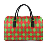 Green And Red Argyle Pattern Print Leather Duffle Bag
