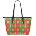 Green And Red Argyle Pattern Print Leather Tote Bag With Zipper