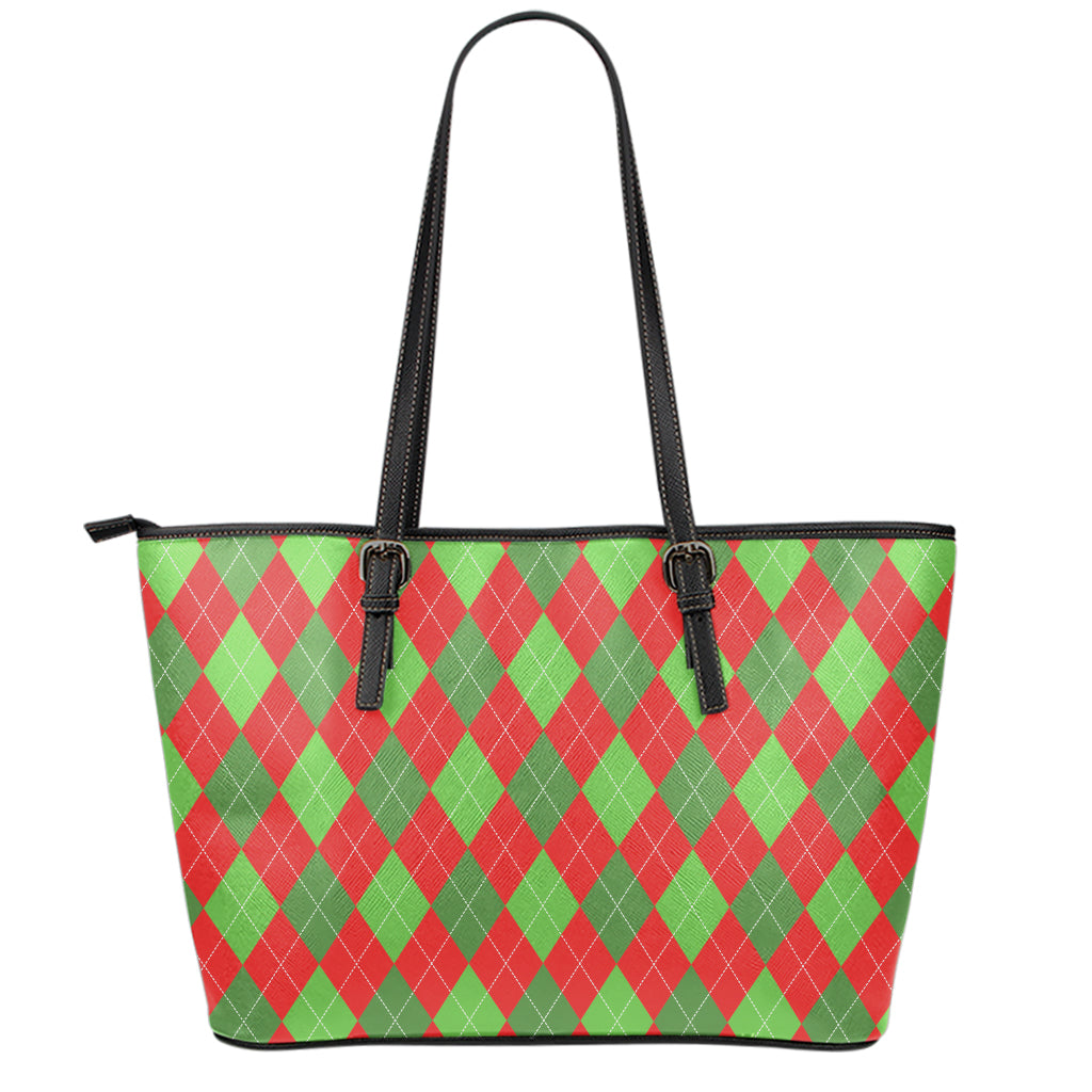 Green And Red Argyle Pattern Print Leather Tote Bag
