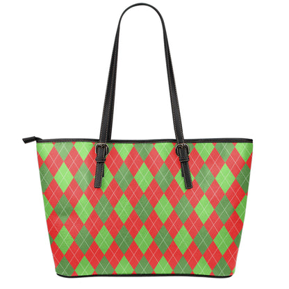 Green And Red Argyle Pattern Print Leather Tote Bag