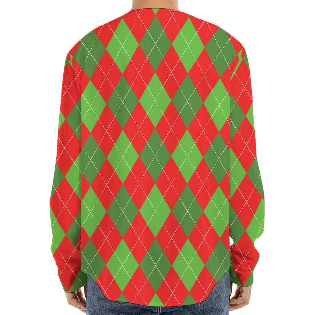 Green And Red Argyle Pattern Print Long Sleeve Baseball Jersey