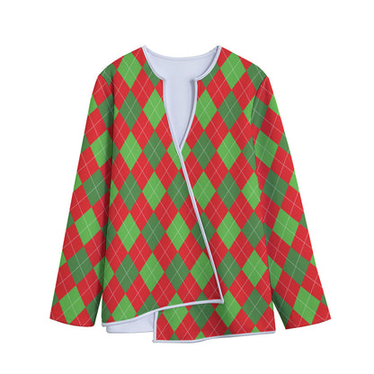 Green And Red Argyle Pattern Print Long Sleeve Short Coat