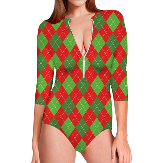 Green And Red Argyle Pattern Print Long Sleeve Swimsuit