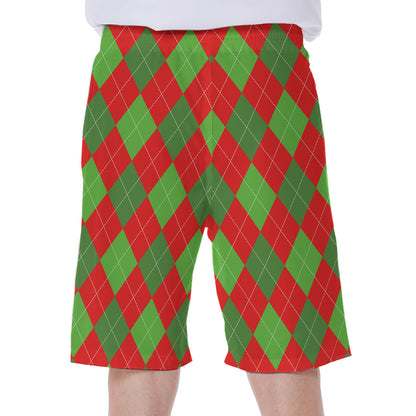 Green And Red Argyle Pattern Print Men's Beach Shorts