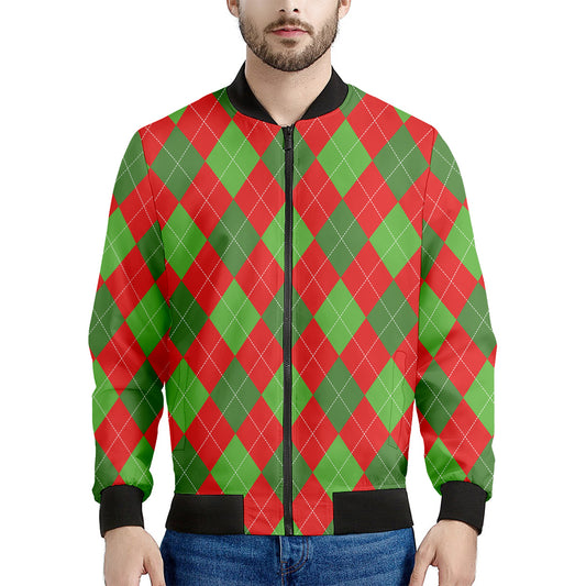 Green And Red Argyle Pattern Print Men's Bomber Jacket