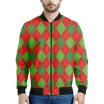 Green And Red Argyle Pattern Print Men's Bomber Jacket
