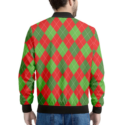 Green And Red Argyle Pattern Print Men's Bomber Jacket