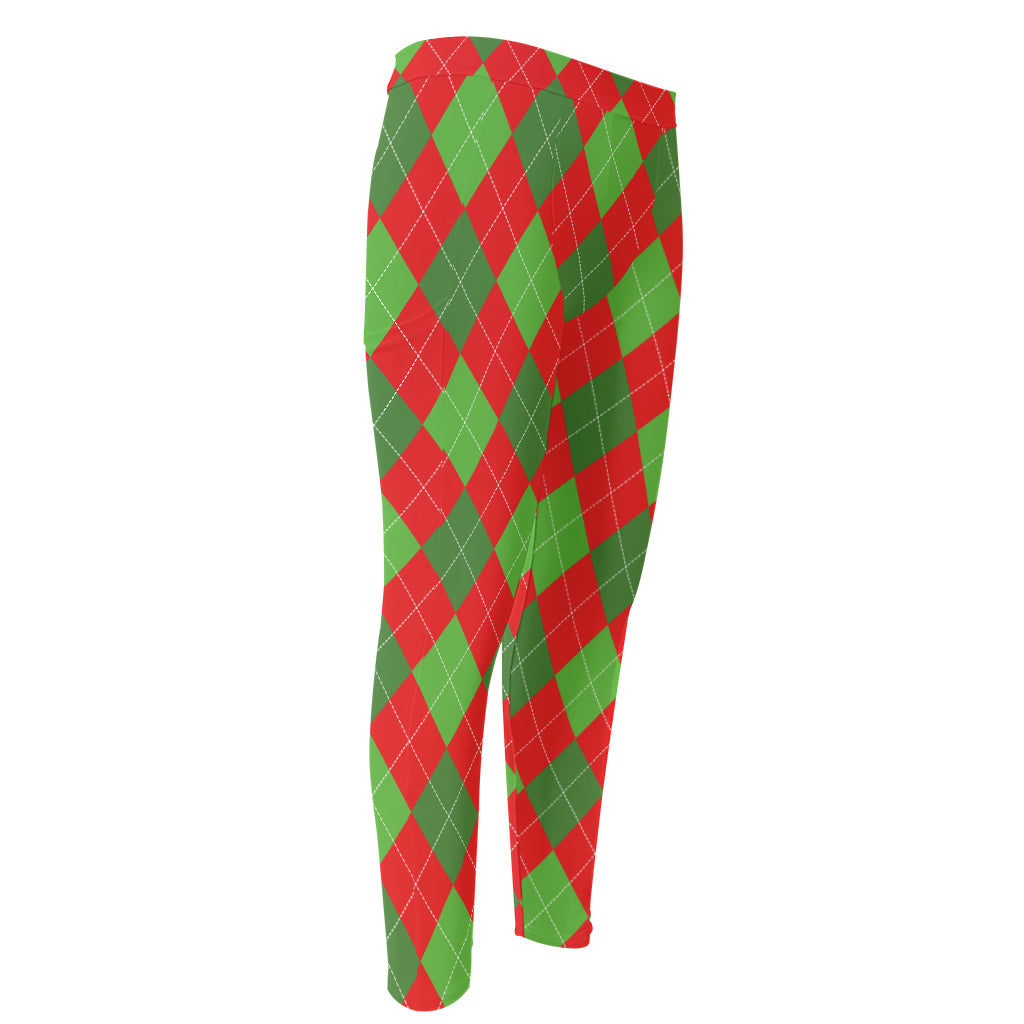 Green And Red Argyle Pattern Print Men's Compression Pants